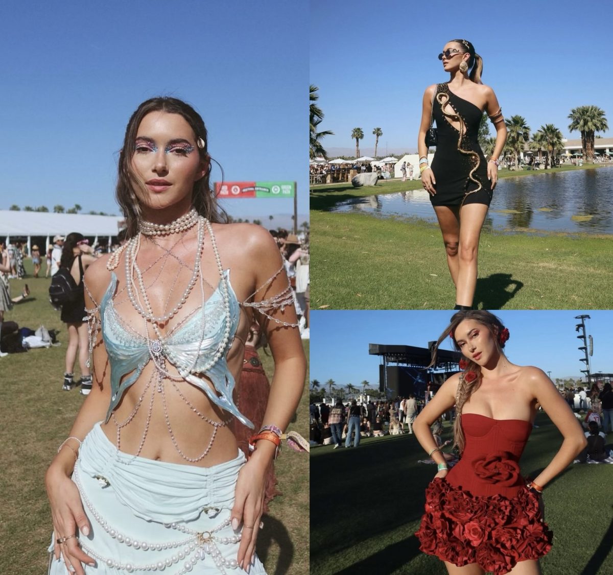 These are all of Madeleine Whites Coachella looks: the left is her day one mermaid look, the top right is her day two snake look, and the bottom right is her day three rose look.