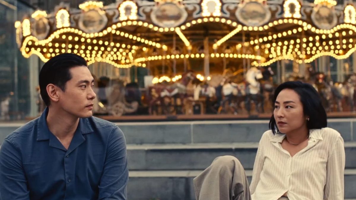 A glance shared between Nora and Hae Sung in the film Past Lives.