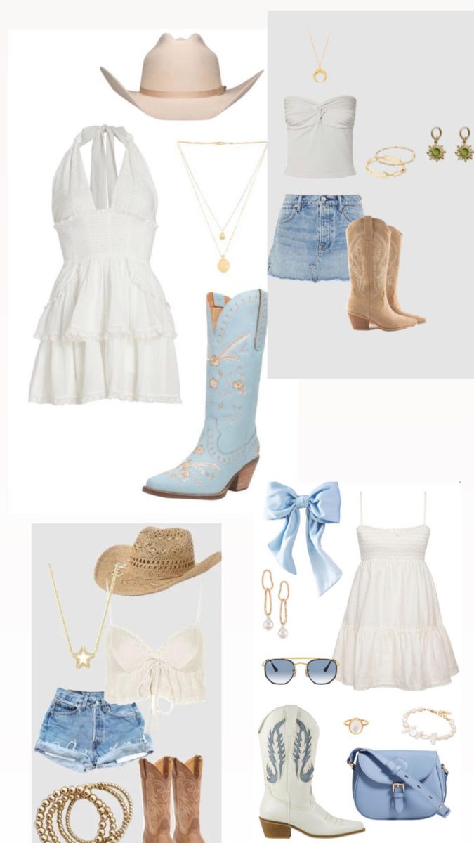 a collage of simple country concert outfit pieces 