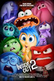  The movie poster for Inside Out 2, featuring the original cast of characters and their new, troublemaking companions.