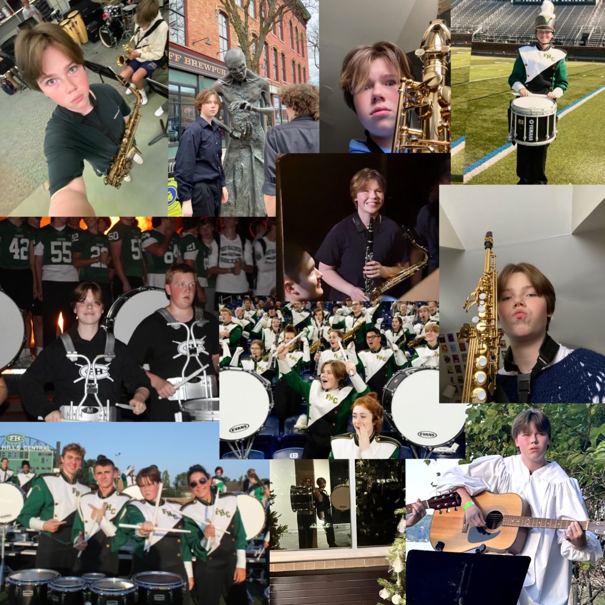 A collage of photos of Cameron Penner and an array of instruments.