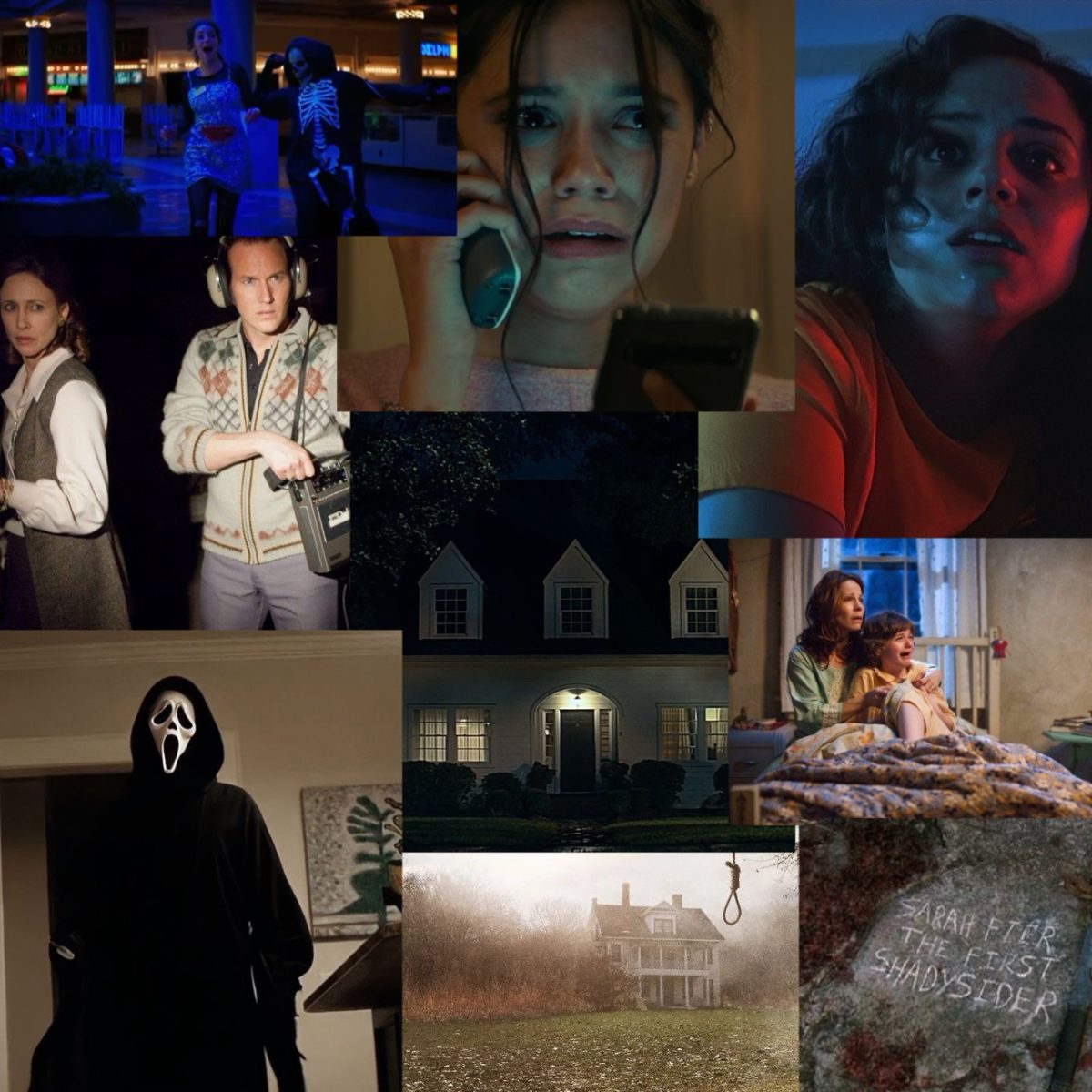 A collage of scenes from The Conjuring, Scream 5, and Fear Street.