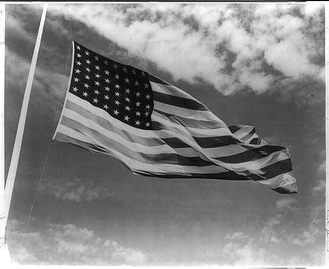 American Flag folding in the wind at Fort Knox (Black and White)