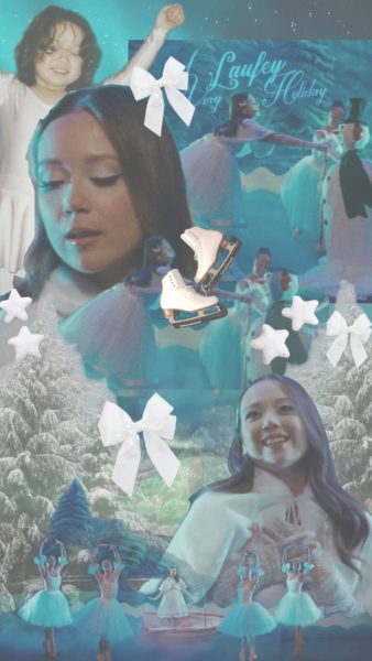 A collage of Laufey's newly released winter album, A Very Laufey Holiday, along with other winter related photographs of her.