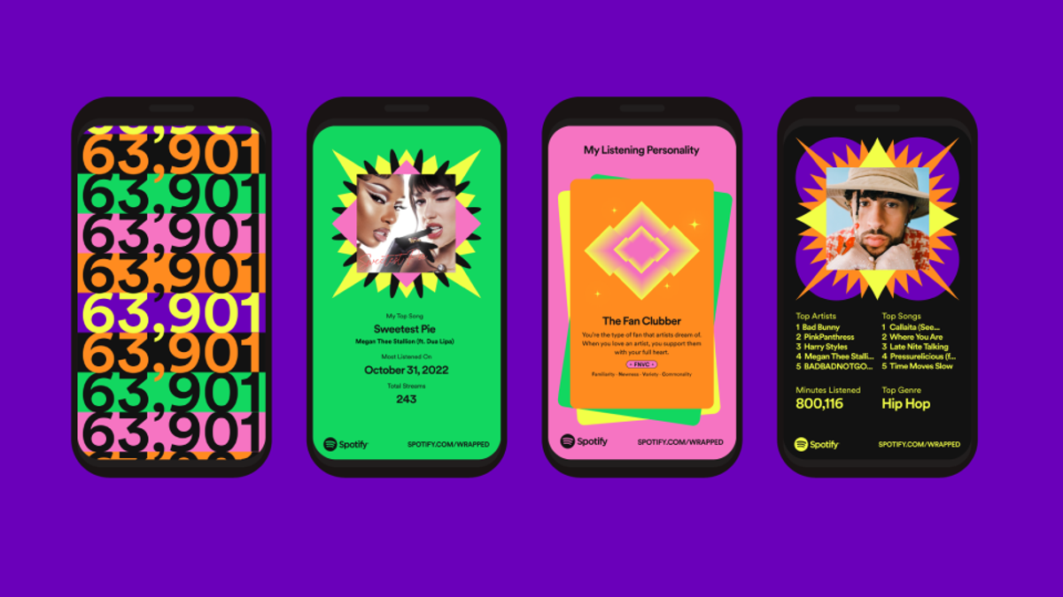 One user's Spotify Wrapped slides from 2022, designs that include the same signature neon colors of 2024's Wrapped.