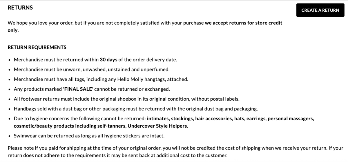 An example of a return policy accepting only store credit, forcing the customer into repurchasing another item.