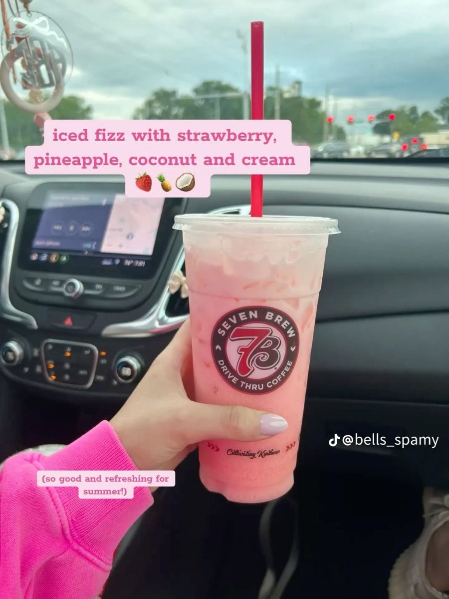 One of my favorite Seven Brew drinks is the iced fizz with strawberry, pineapple, coconut, and cream. 